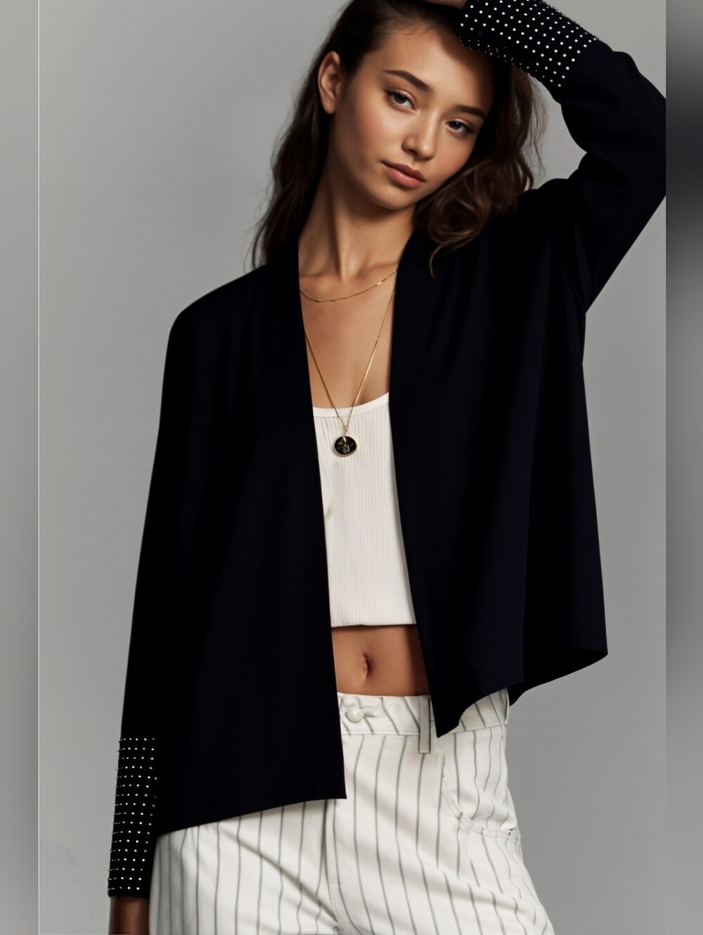 NWT Jennifer Lopez Black Open Front Cardigan With Studded Cuffs
